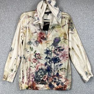 B.l.e.u. Full zip floral sweater petite L rhinestone details abstract print
